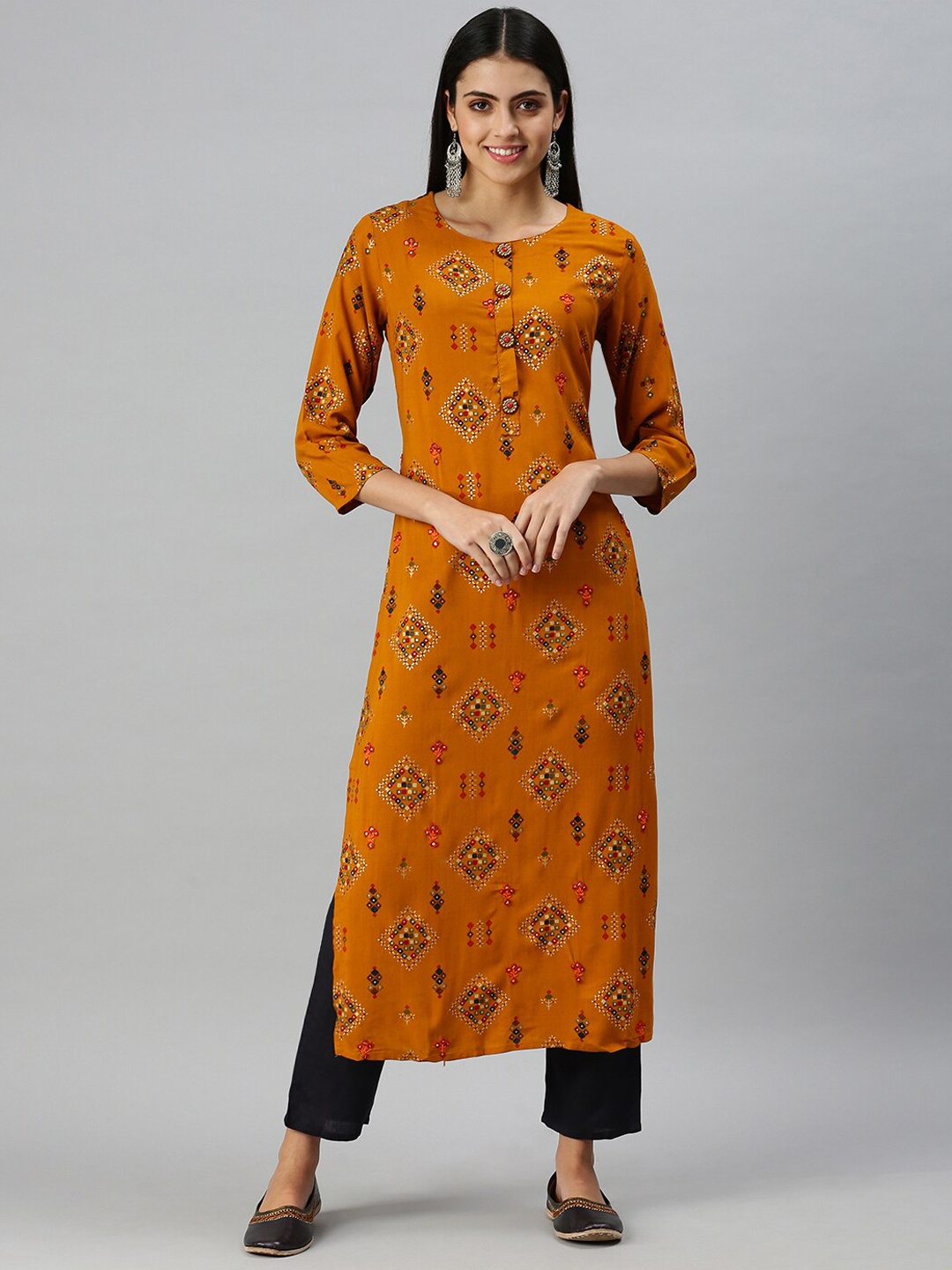 

SHOWOFF Ethnic Motifs Printed Mirror Work Kurta, Mustard