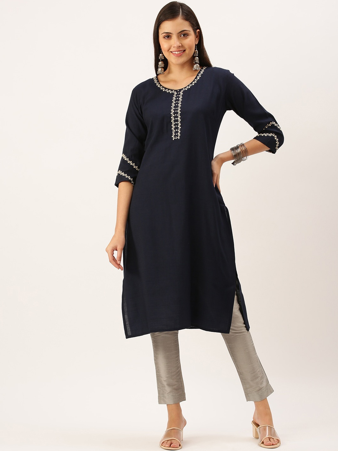 

SHOWOFF Floral Yoke Design Straight Kurta, Navy blue