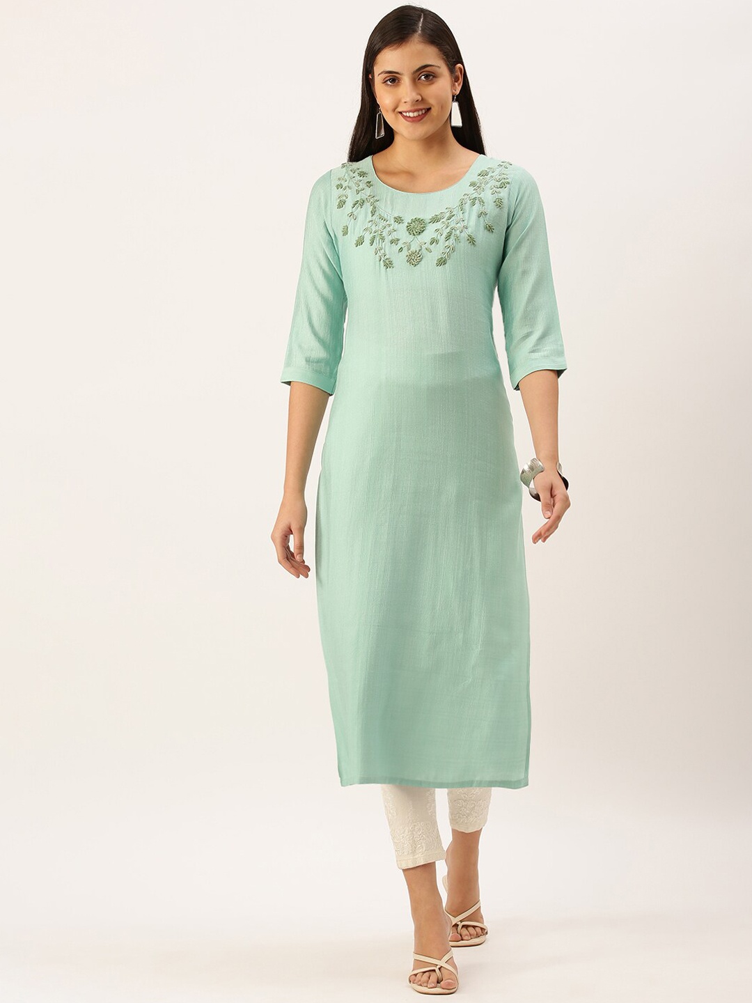 

SHOWOFF Embroidered Thread Work Jacquard Kurta, Sea green