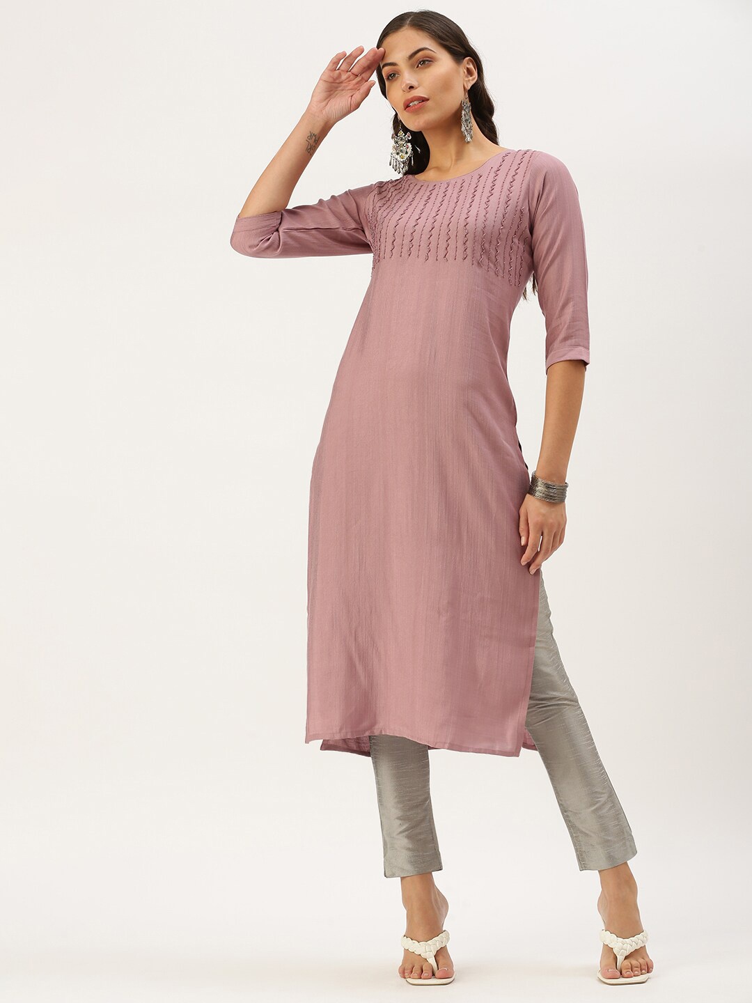 

SHOWOFF Embellished Beads and Stones Kurta, Mauve