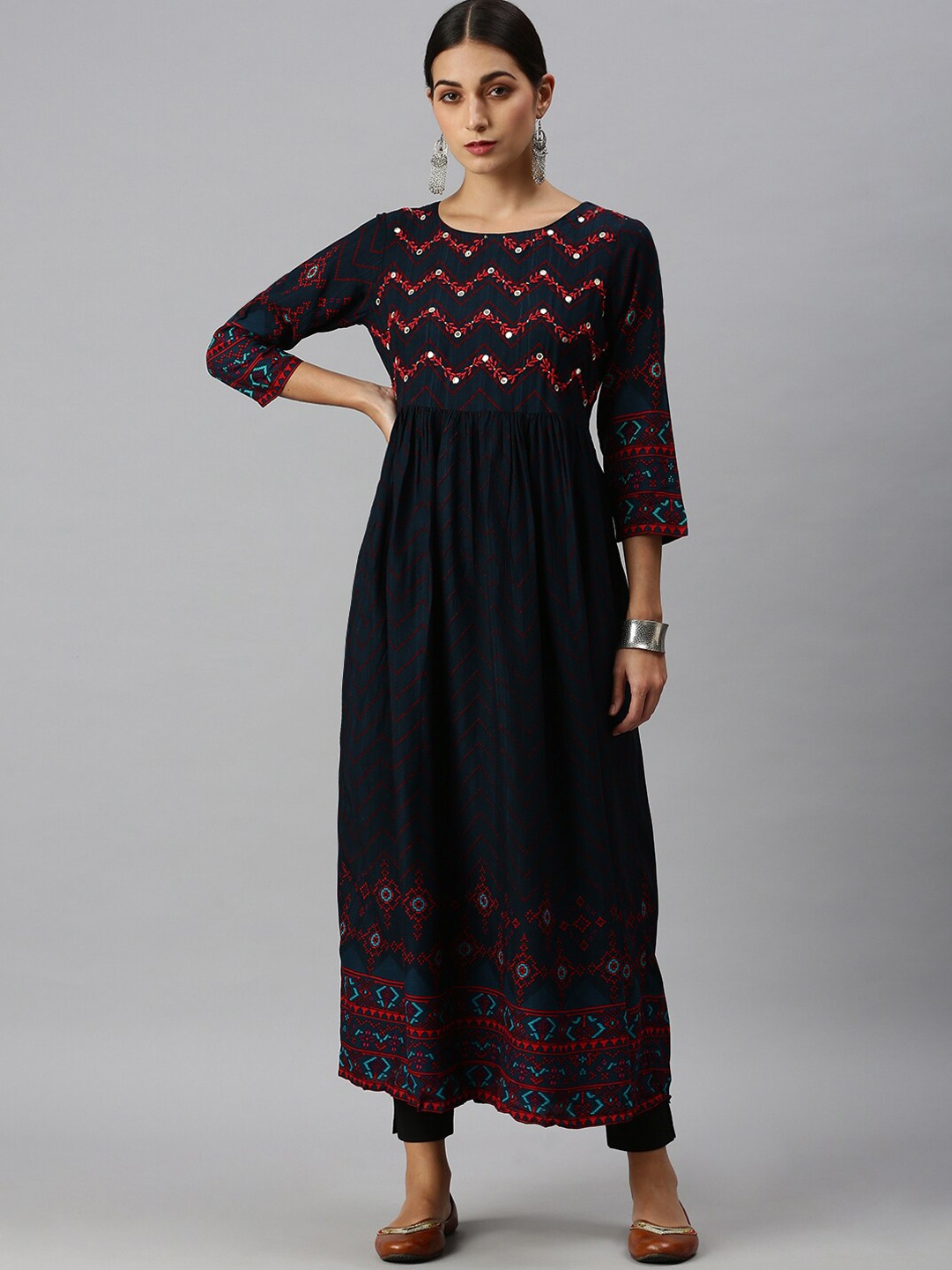 

SHOWOFF Ethnic Motifs Embroidered Sequinned Anarkali Kurta, Navy blue