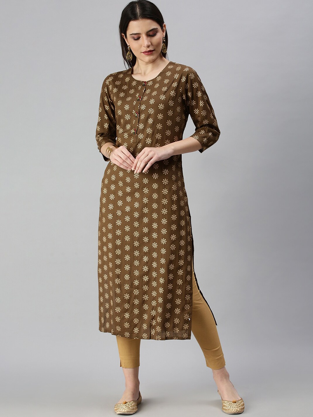 

SHOWOFF Women Olive Green Floral Printed Thread Work Kurta