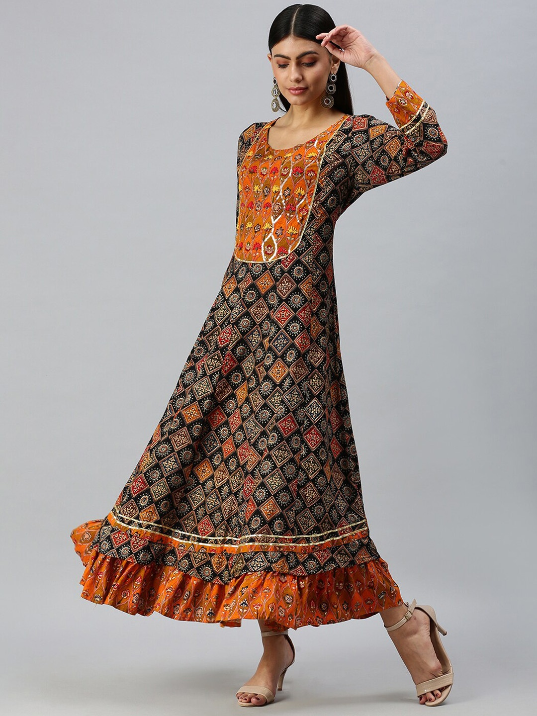 

SHOWOFF Women Black Ethnic Motifs Keyhole Neck Flared Sleeves Anarkali Kurta