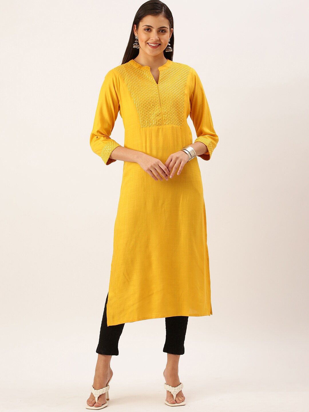 

SHOWOFF Women Mustard Yellow Thread Work Anarkali Kurta