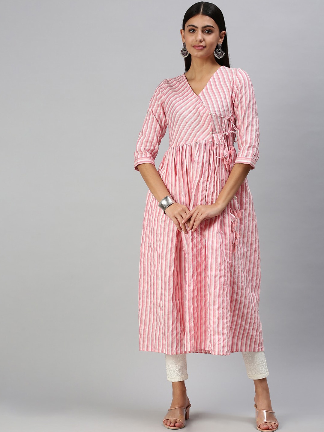 

SHOWOFF Striped V-Neck Cotton Angrakha A-Line Kurta, Pink