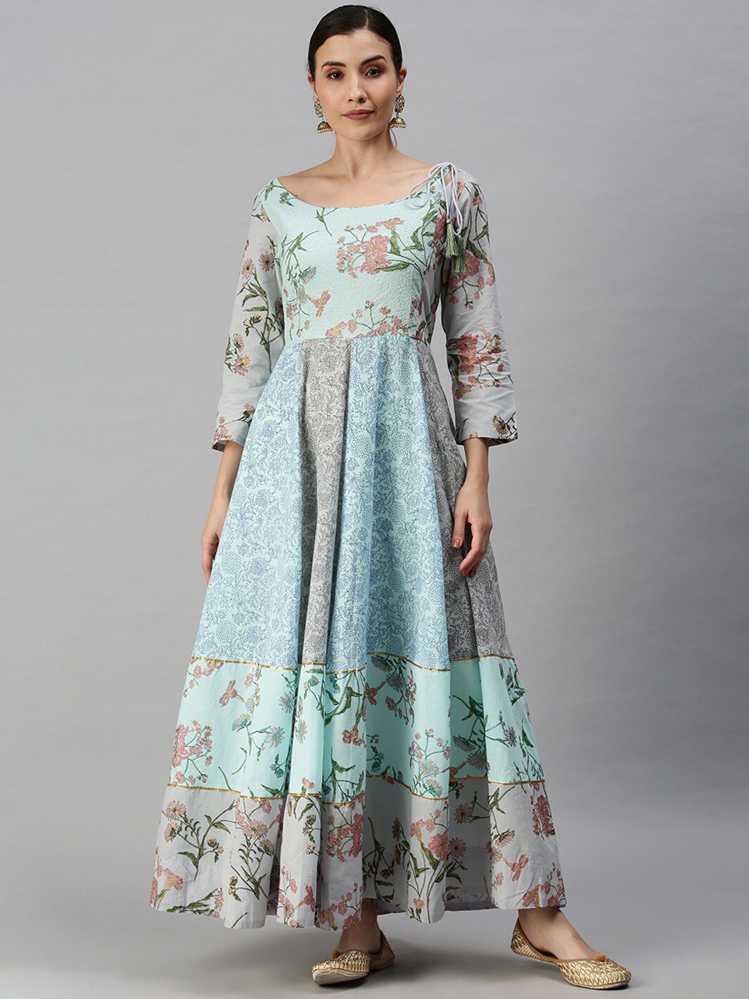 

SHOWOFF Floral Printed Round Neck Cotton Maxi Ethnic Dress, Blue