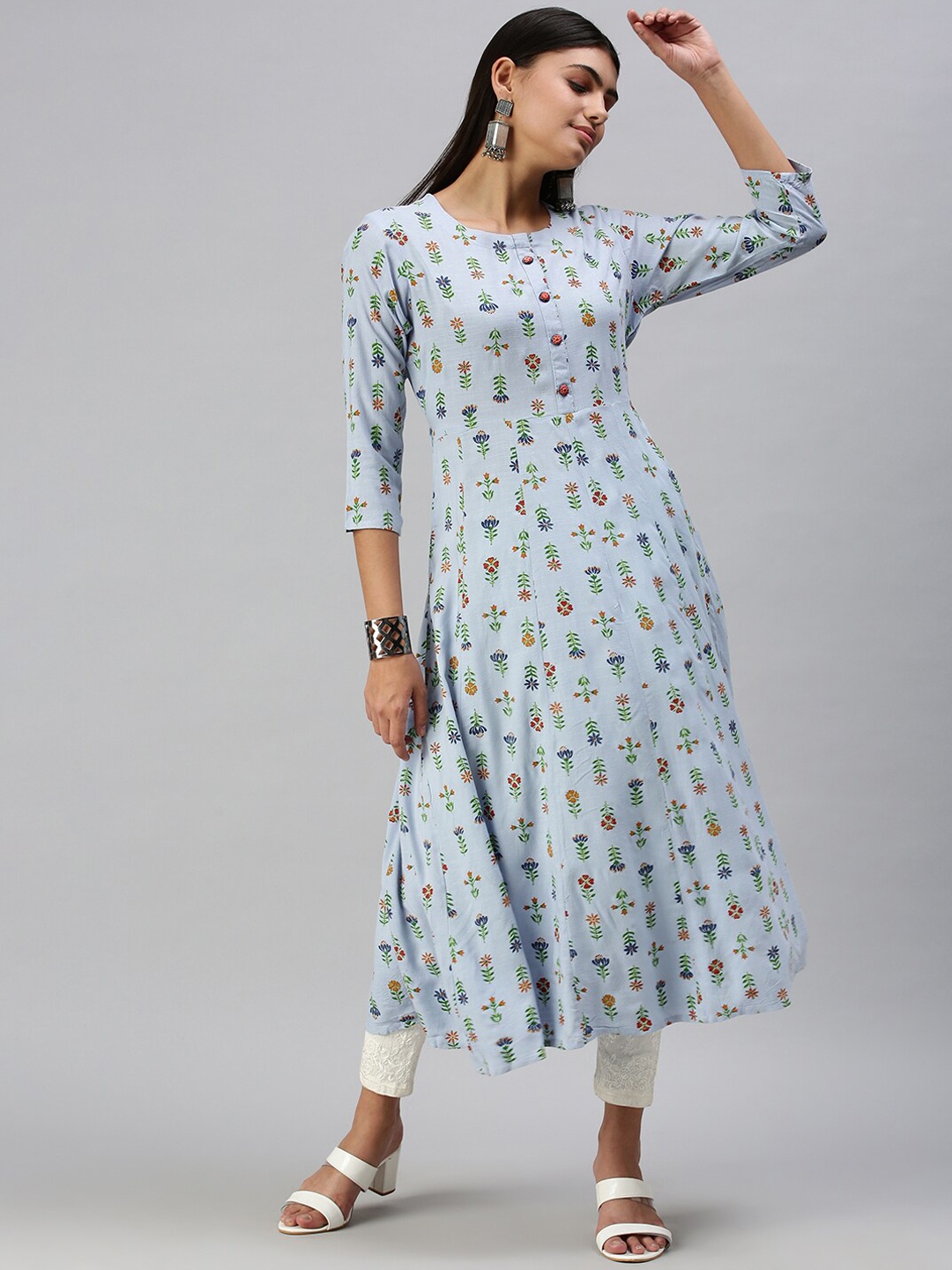 

SHOWOFF Floral Printed Cotton A-Line Kurta, Blue