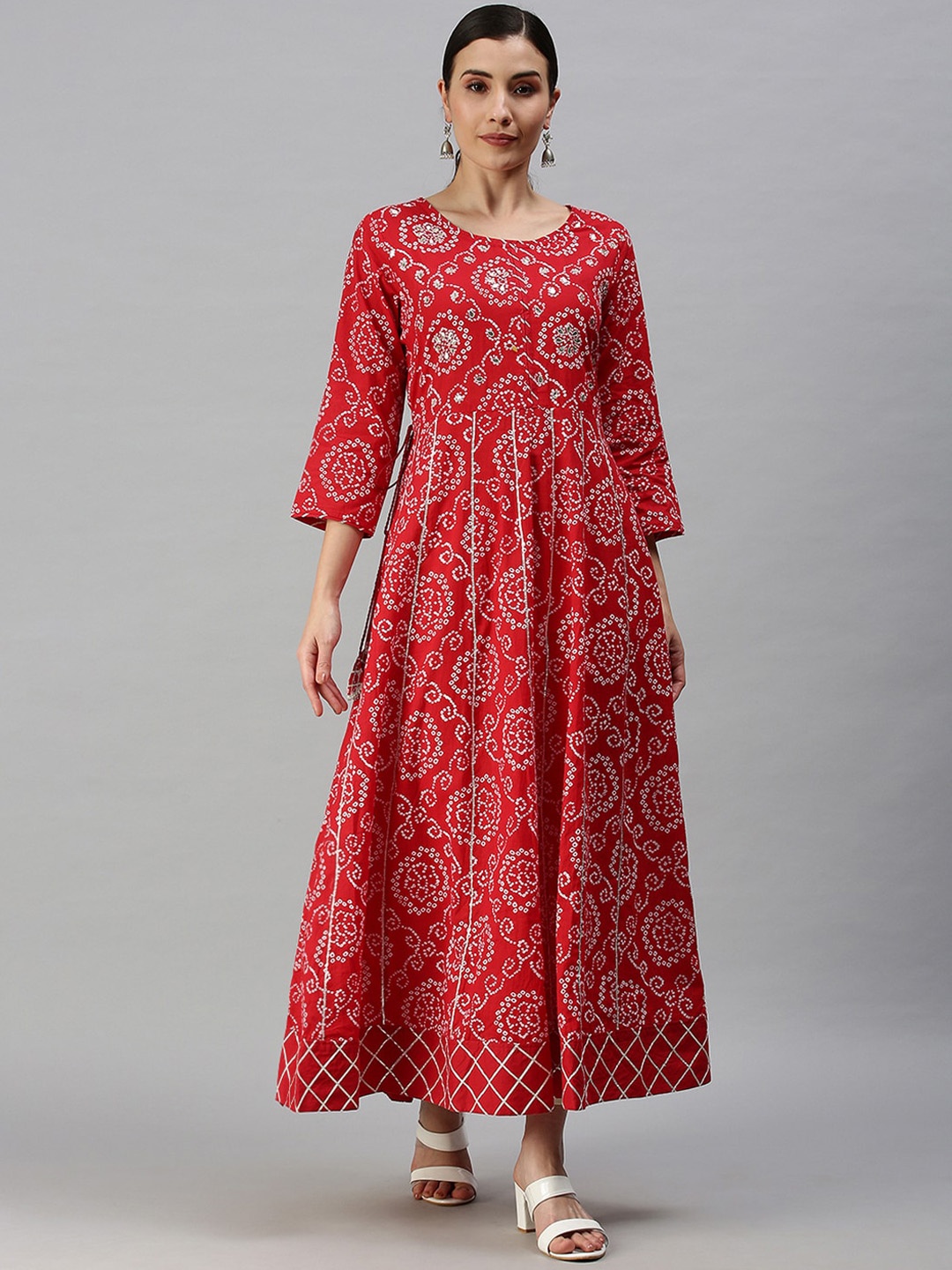 

SHOWOFF Bandhani Printed Thread Work Cotton Anarkali Kurta, Red