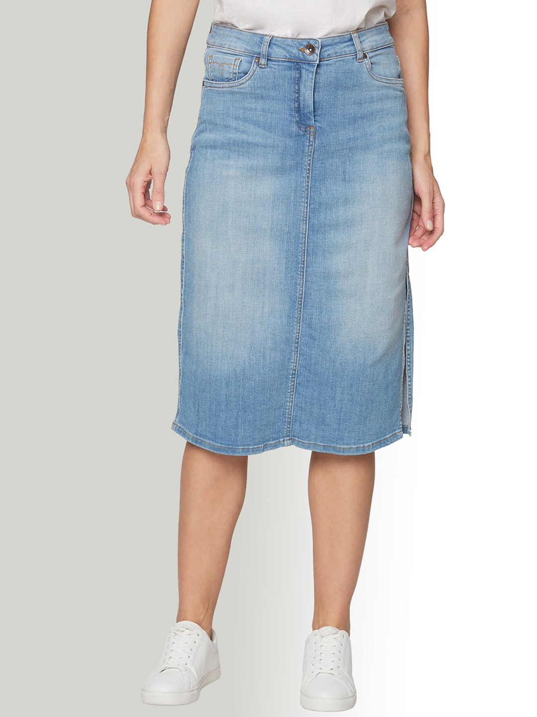 

B.Copenhagen Straight Midi Side Slit Denim Skirt, Blue