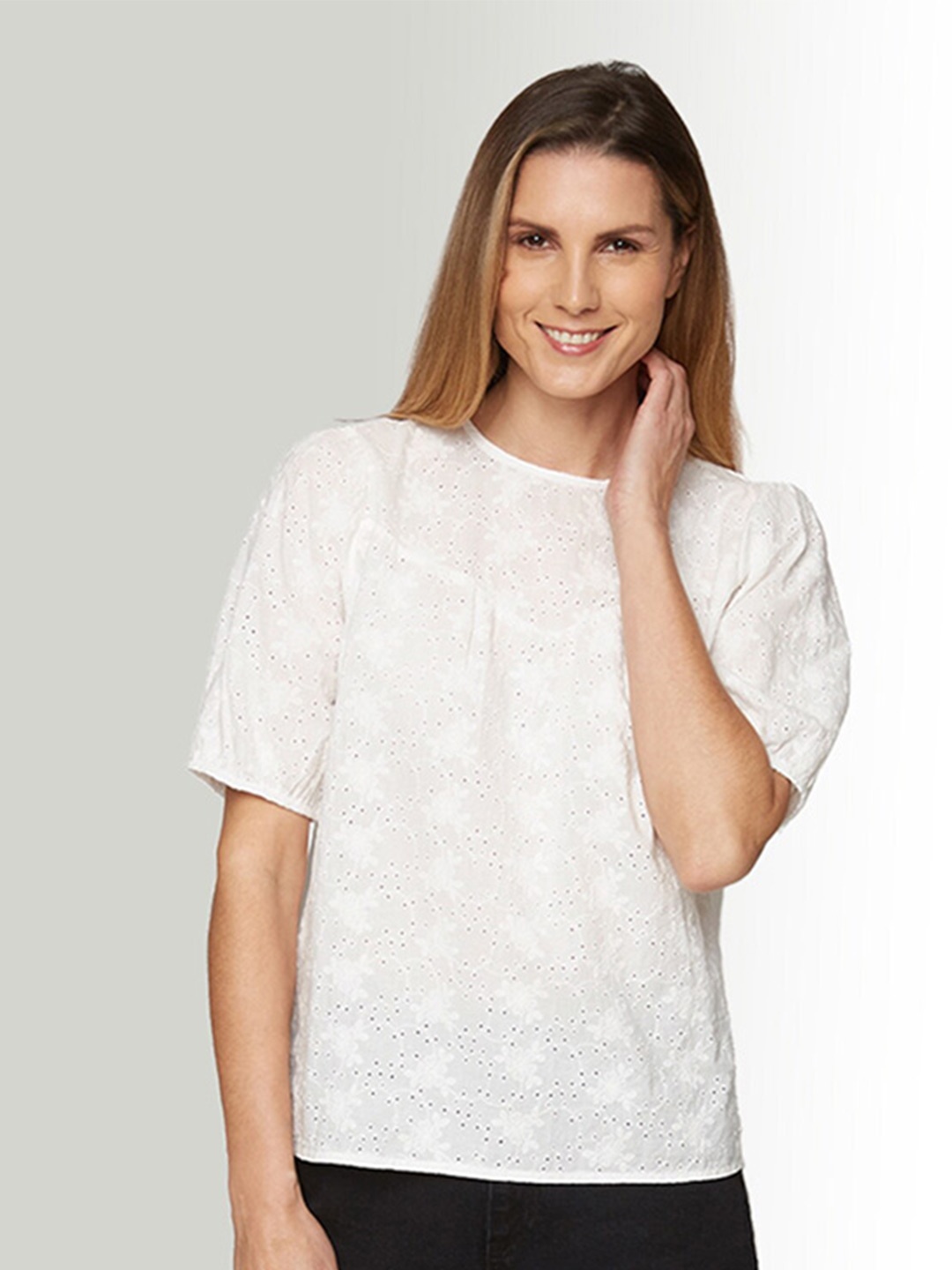 

B.Copenhagen Floral Self Design Puff Sleeves Pure Cotton Top, White