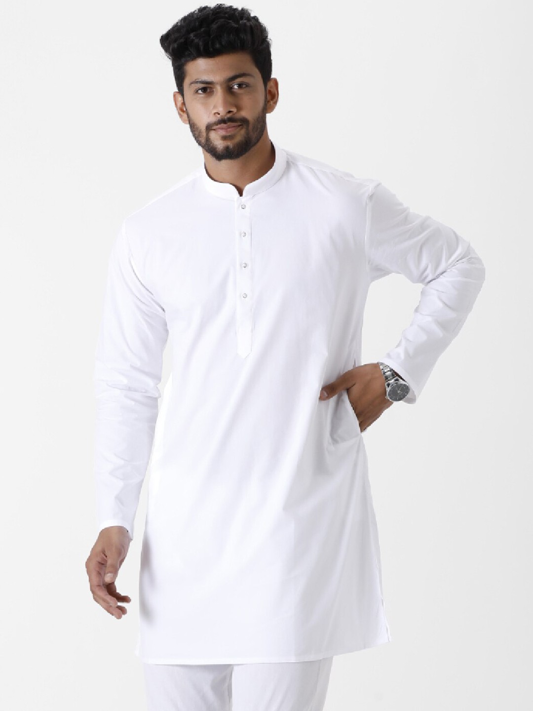 

Ramraj Plus Size Mandarin Collar Pure Cotton Straight Kurta, White