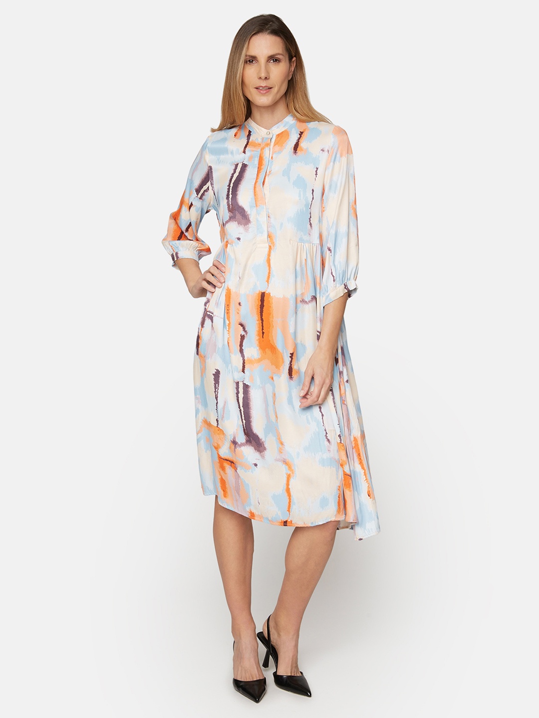 

B.Copenhagen Abstract Printed Mandarin Collar Cuffed Sleeves A-Line Dress, White