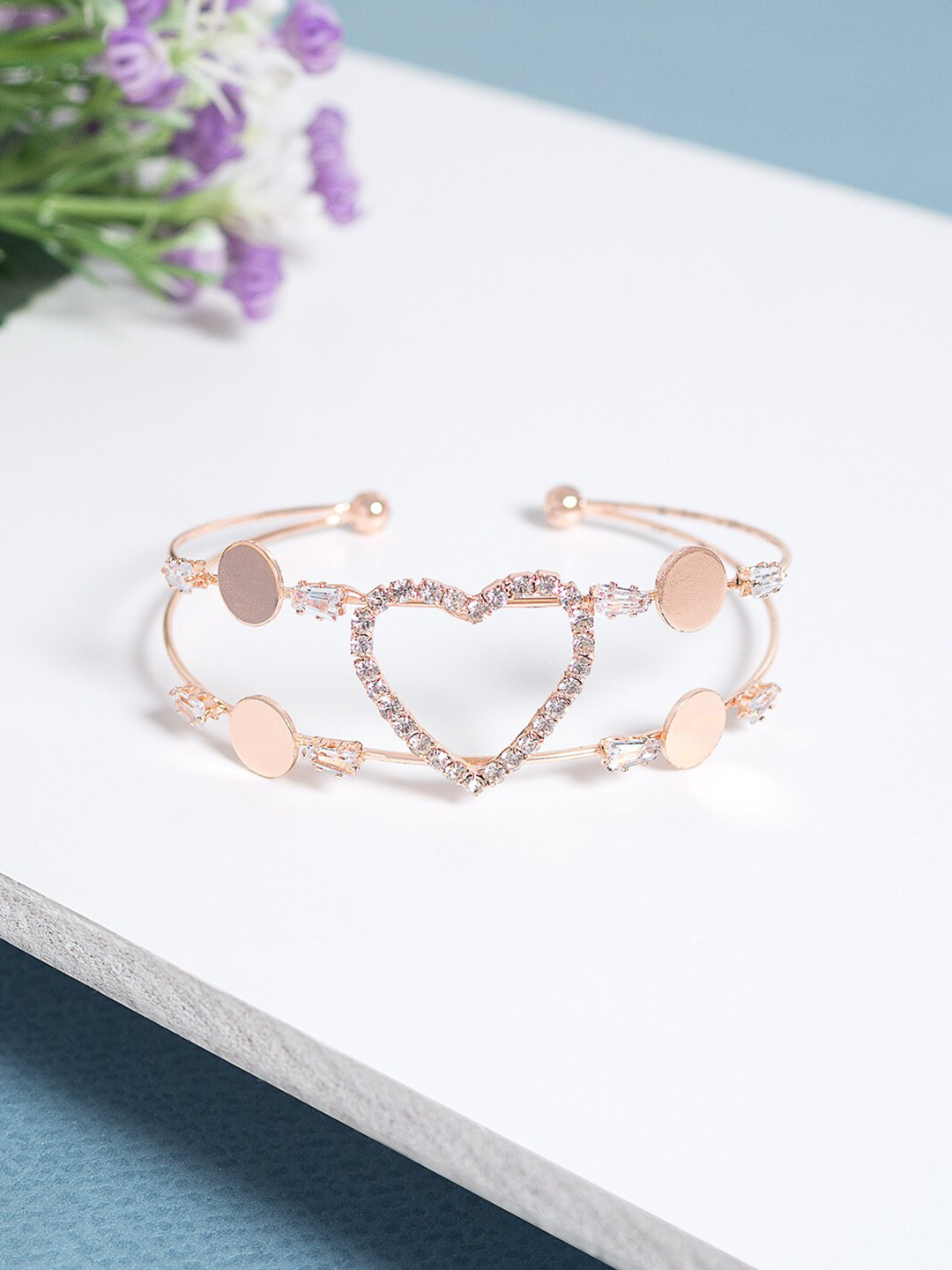 

Golden Peacock Women Rose Gold-Plated Cubic Zirconia Cuff Bracelet