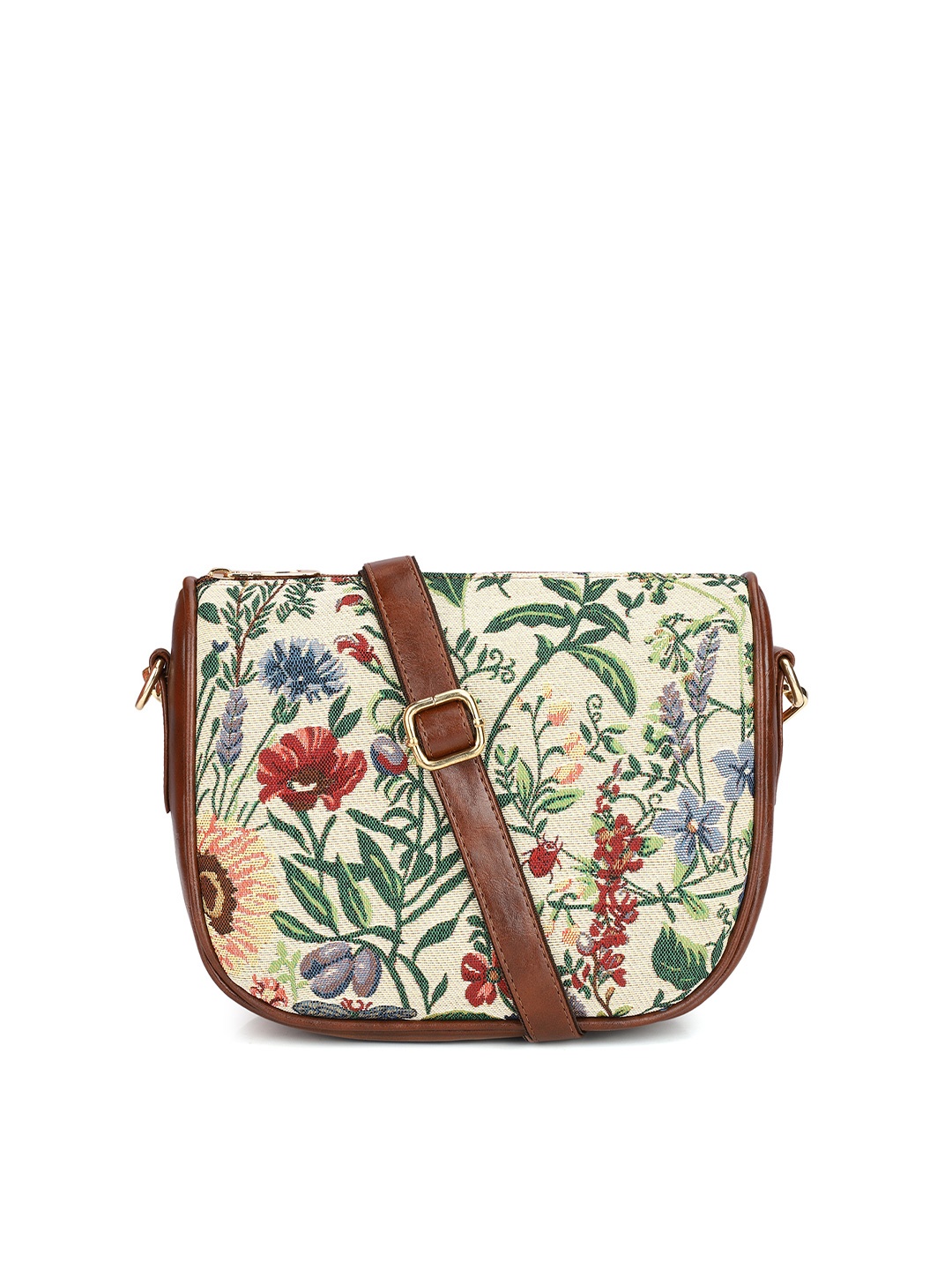 

THE CLOWNFISH Women Floral Printed Structured Fabric Sling Bag, Off white