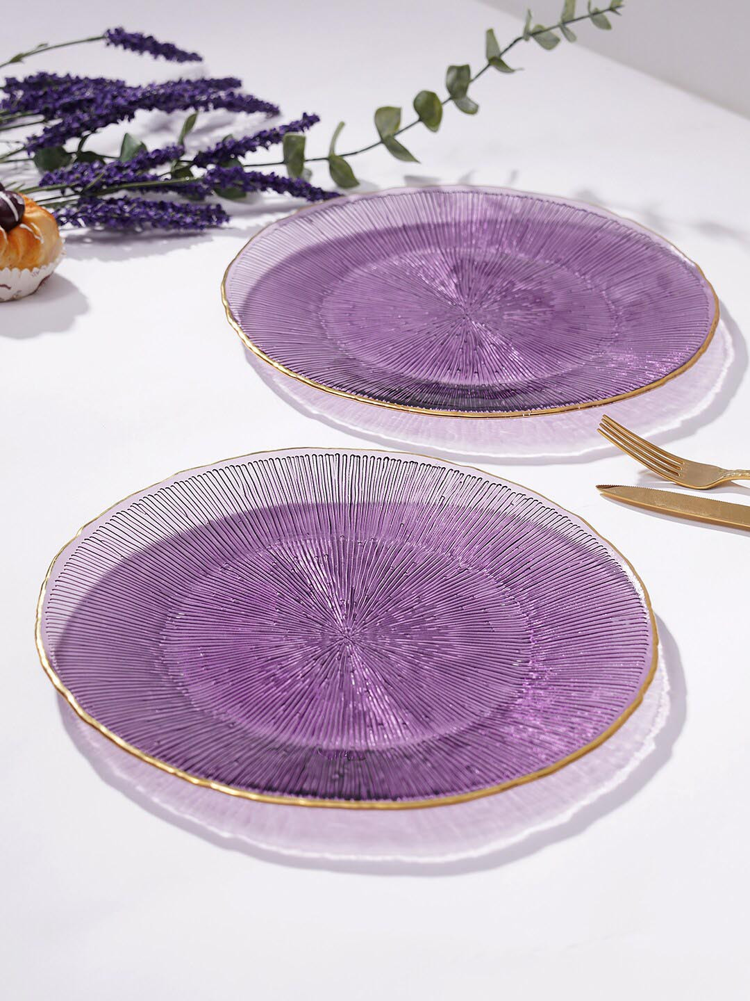 

Pure Home and Living Purple 2 Pieces Textured Glass Glossy Dinner Plates 28 cm Each