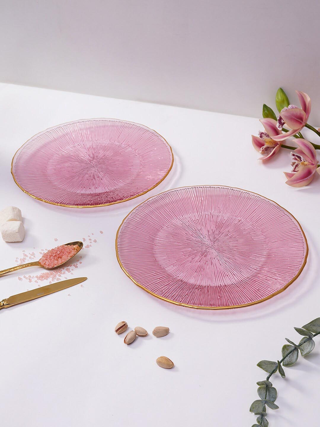 

Pure Home and Living Pink 2 Pieces Textured Glass Glossy Dinner Plates 28 cm Each