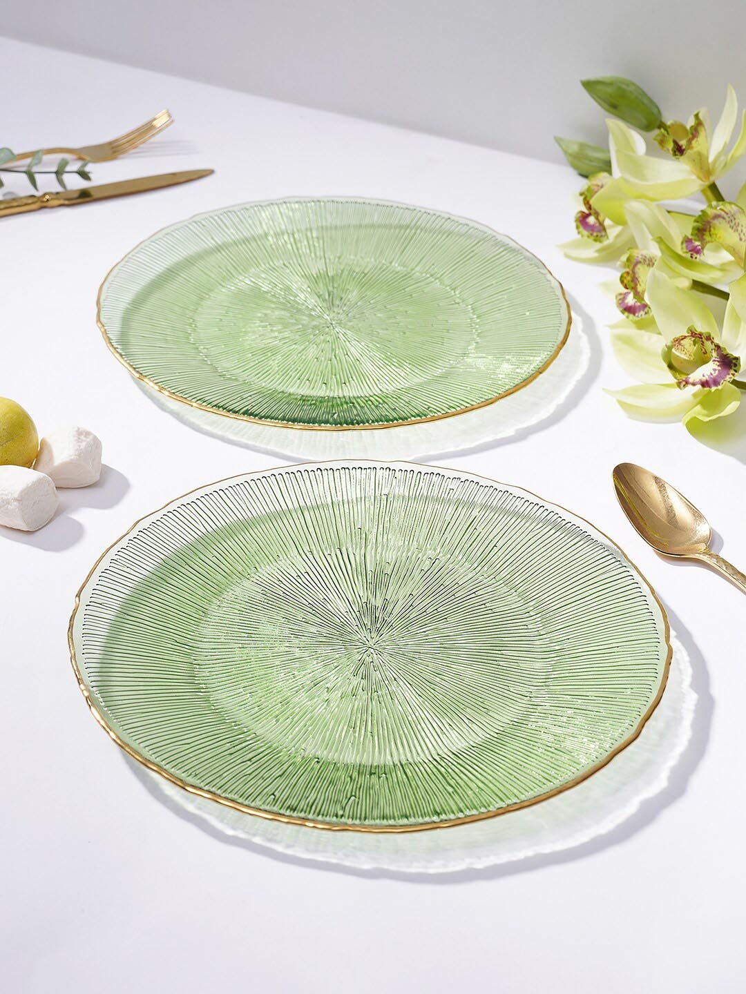 

Pure Home and Living Green 2 Pieces Textured Glass Glossy Dinner Plates 28 cm Each