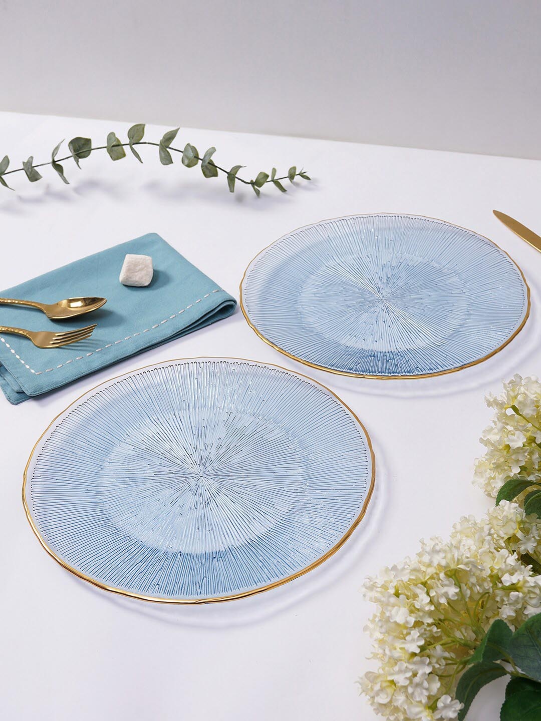 

Pure Home and Living Blue 2 Pieces Textured Glass Glossy Dinner Plates 28cm Each