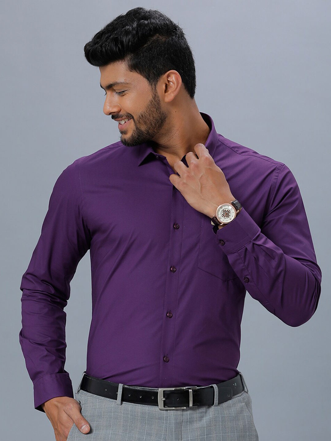 

Ramraj Men Cotton Long Sleeves Opaque Formal Shirt, Purple
