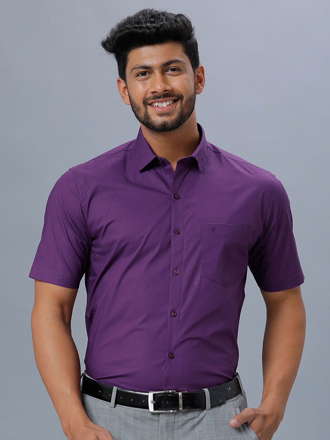 

Ramraj Men Cotton Short Sleeves Opaque Formal Shirt, Purple