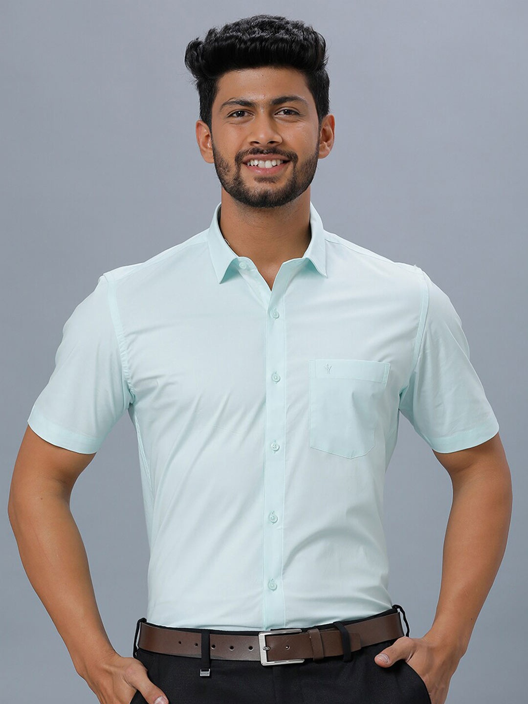 

Ramraj Men Cotton Short Sleeves Opaque Formal Shirt, Blue