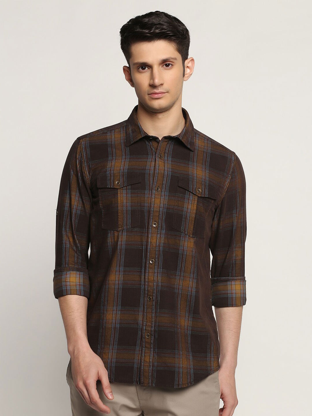 

Blackberrys Slim Fit Tartan Checks Checked Pure Cotton Casual Shirt, Brown