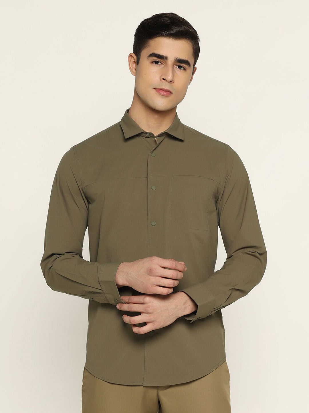 

Blackberrys Spread Collar Slim Fit Opaque Casual Shirt, Olive