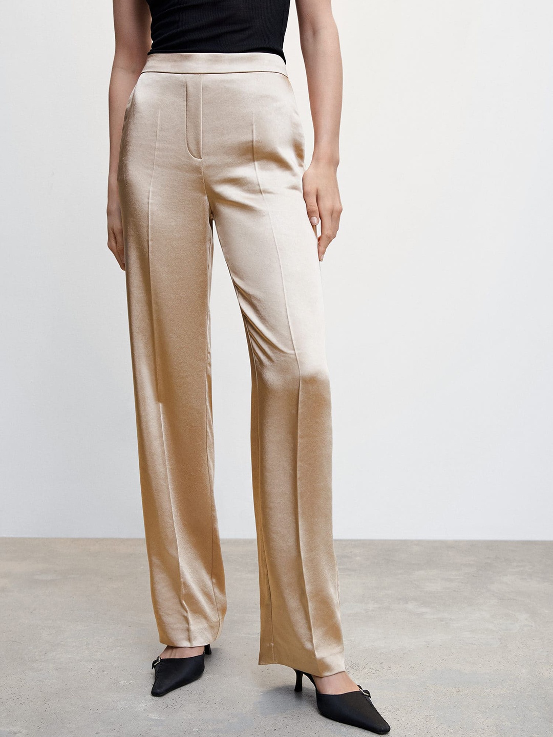 

MANGO Women Satin Finish Straight Fit High-Rise Trousers, Beige