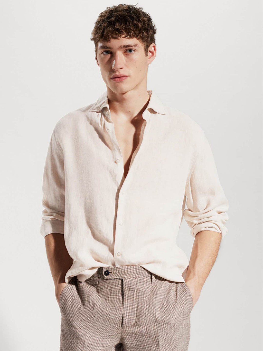 

MANGO MAN Solid Pure Linen Casual Shirt, Cream