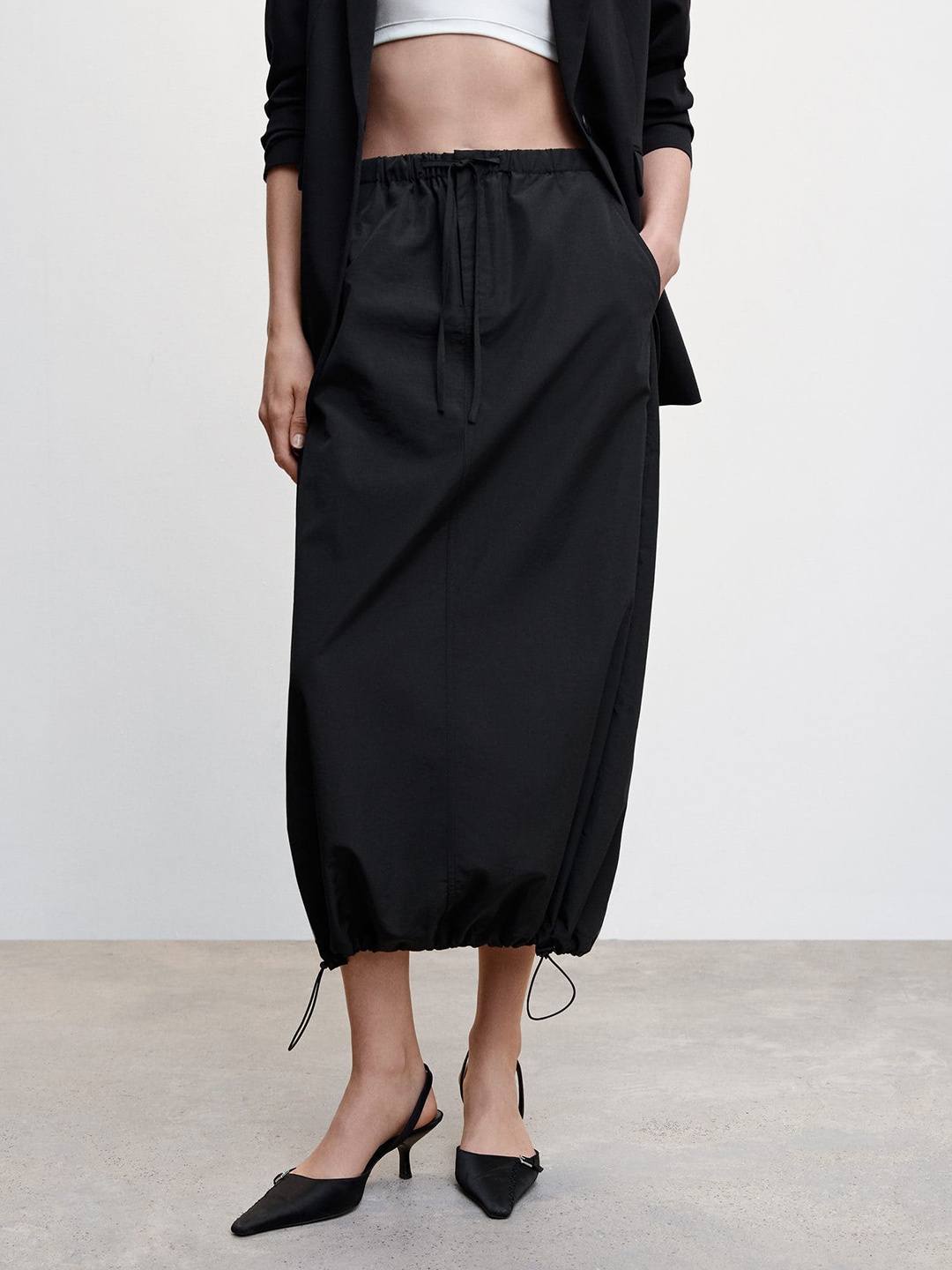 

MANGO Solid Parachute Midi Skirt, Black