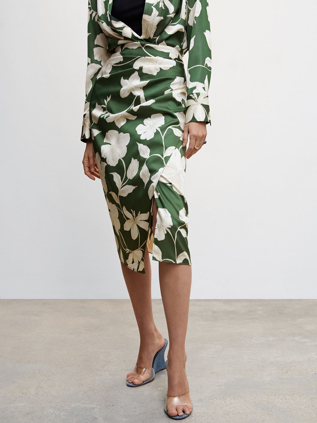 

MANGO Floral Print Casual Wrap Midi Skirt, Olive