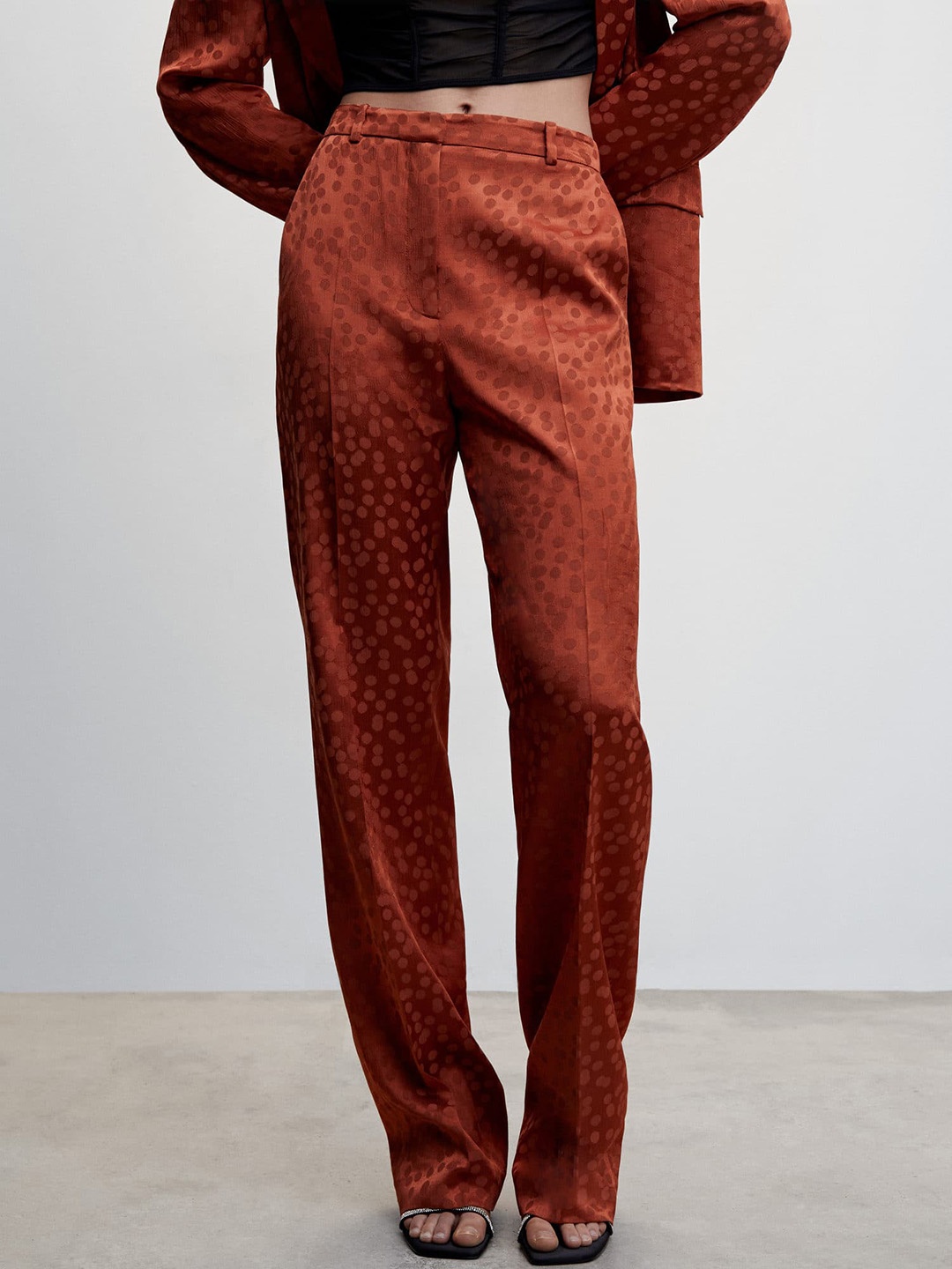 

MANGO Women Satin Finish Polka Dot Print High-Rise Trousers, Rust