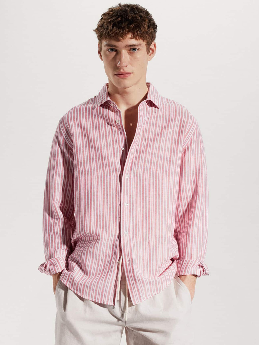 

MANGO MAN Striped Linen Cotton Casual Shirt, Pink