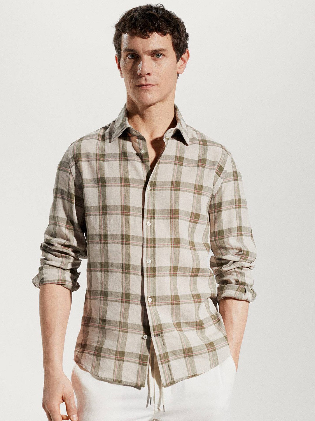 

MANGO MAN Slim Fit Linen Checked Casual Shirt, Grey