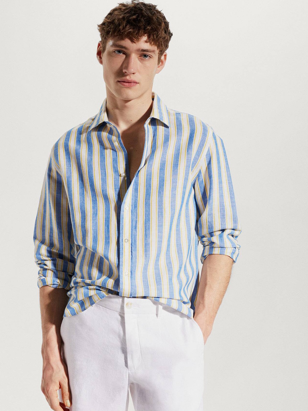 

MANGO MAN Striped Linen Cotton Casual Shirt, White
