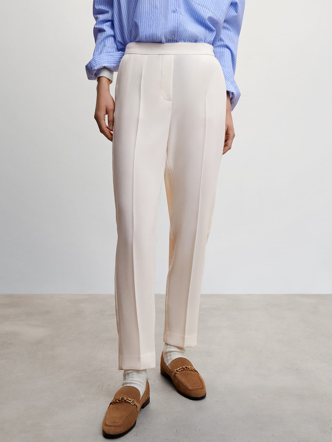 

MANGO Women Straight Fit High-Rise Trousers, Cream