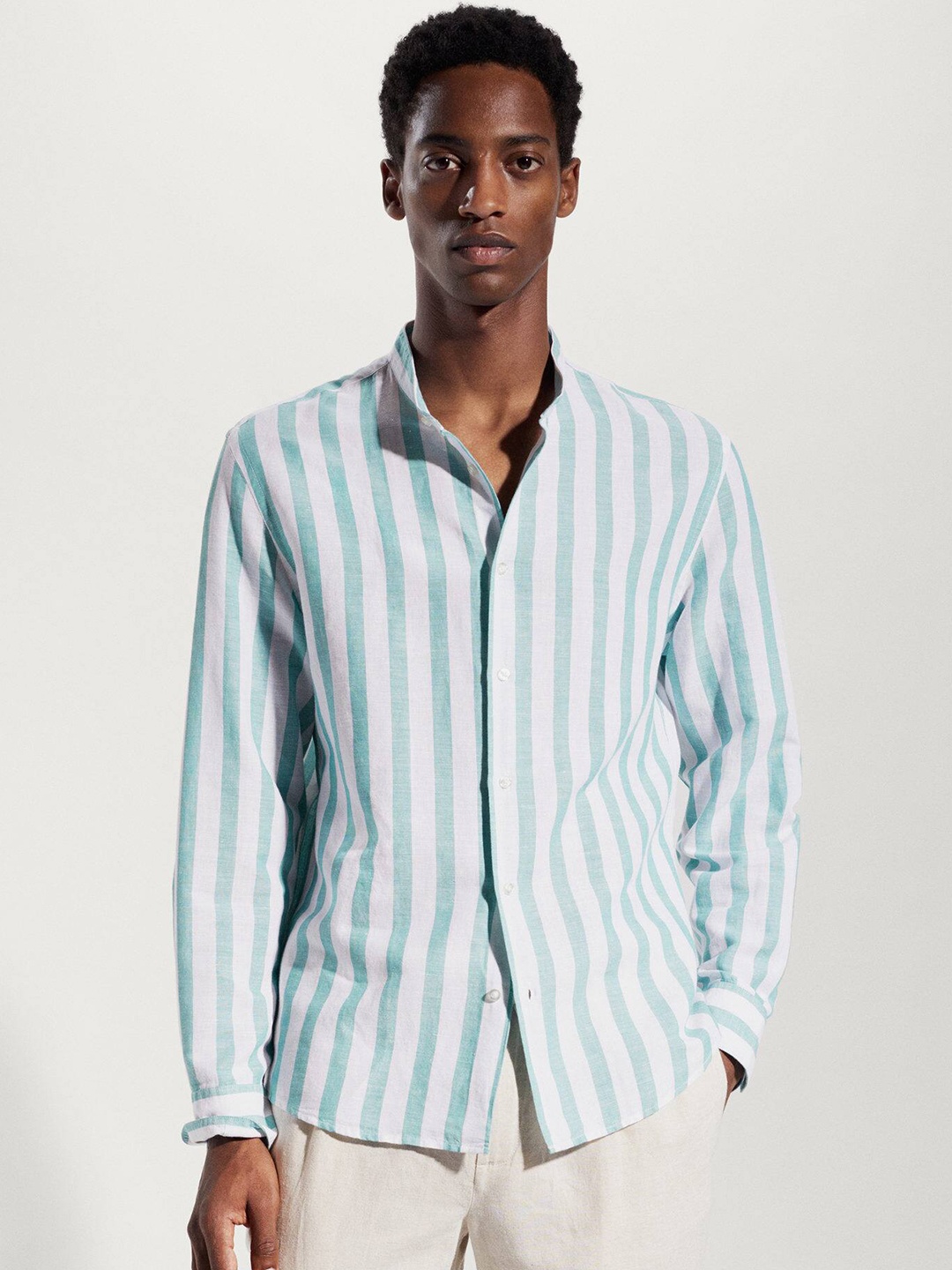 

MANGO MAN Striped Linen Cotton Casual Shirt, White