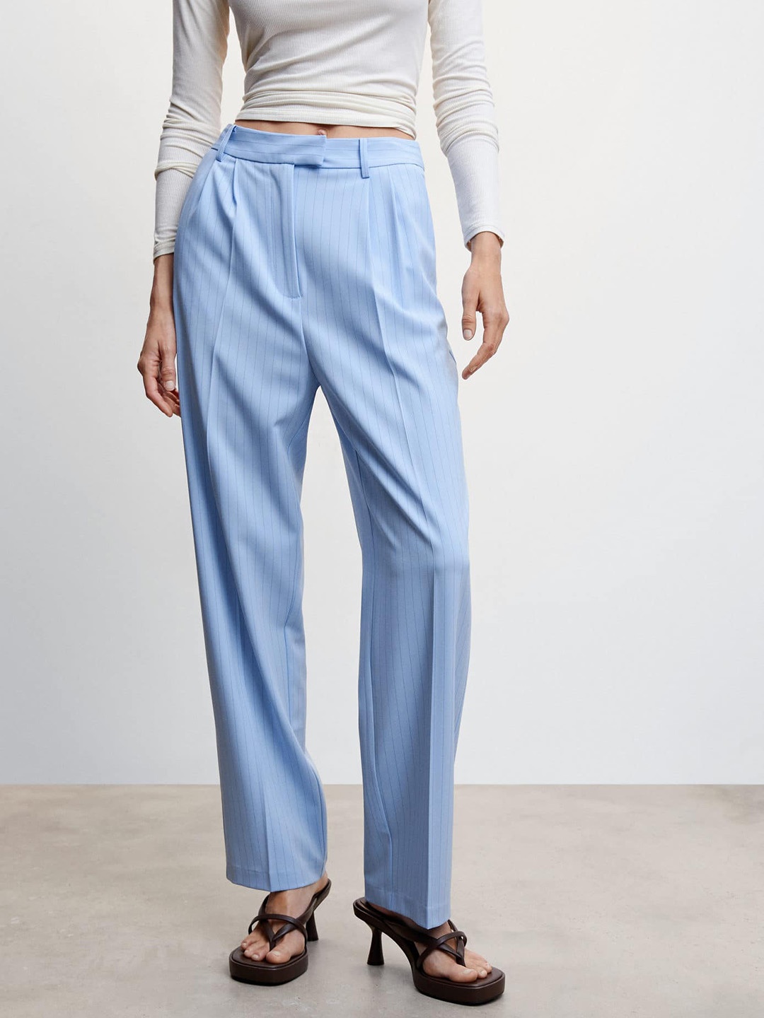 

MANGO Women Blue Striped High-Rise Pleated Trousers