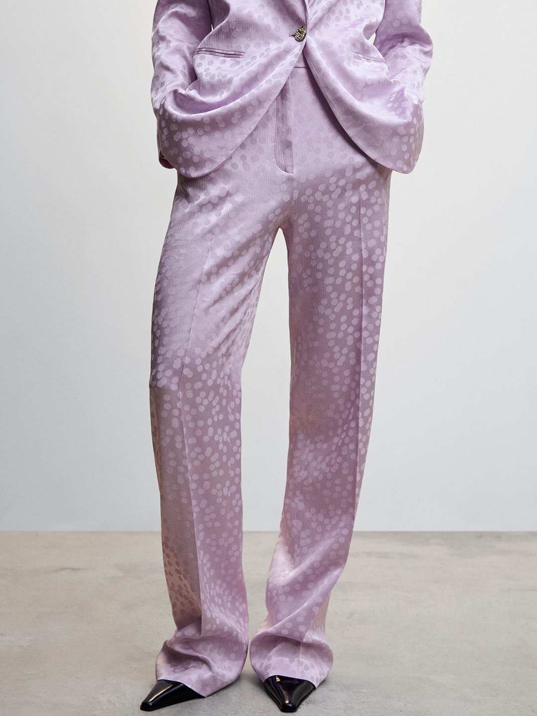 

MANGO Women Satin Finish Polka Dot Print High-Rise Trousers, Lavender