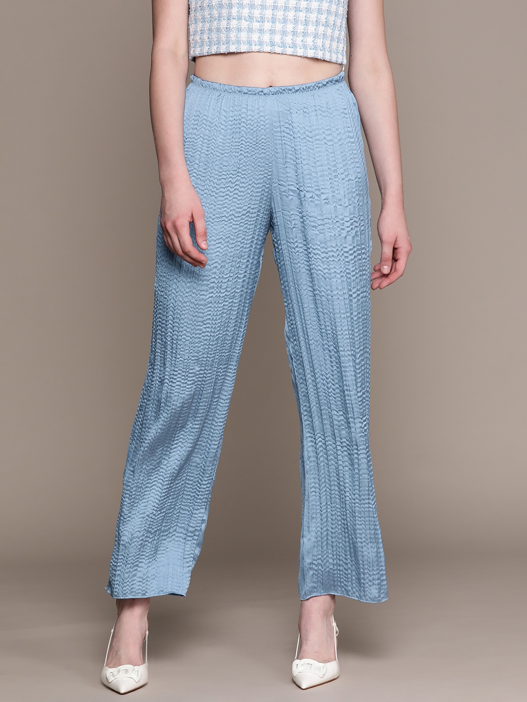 

MANGO Women Crinkled Detail High-Rise Parallel Trousers, Blue