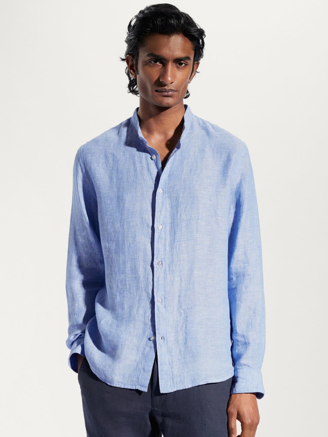 

MANGO MAN Solid Linen Casual Shirt, Blue