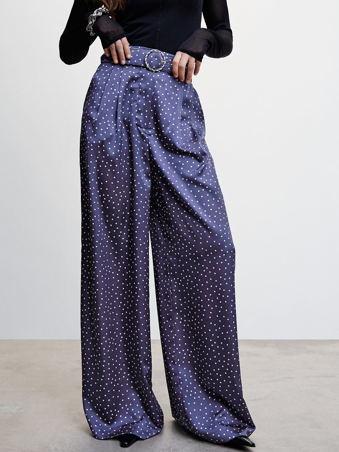 

MANGO Women Navy Blue Polka Dot Printed High-Rise Trousers
