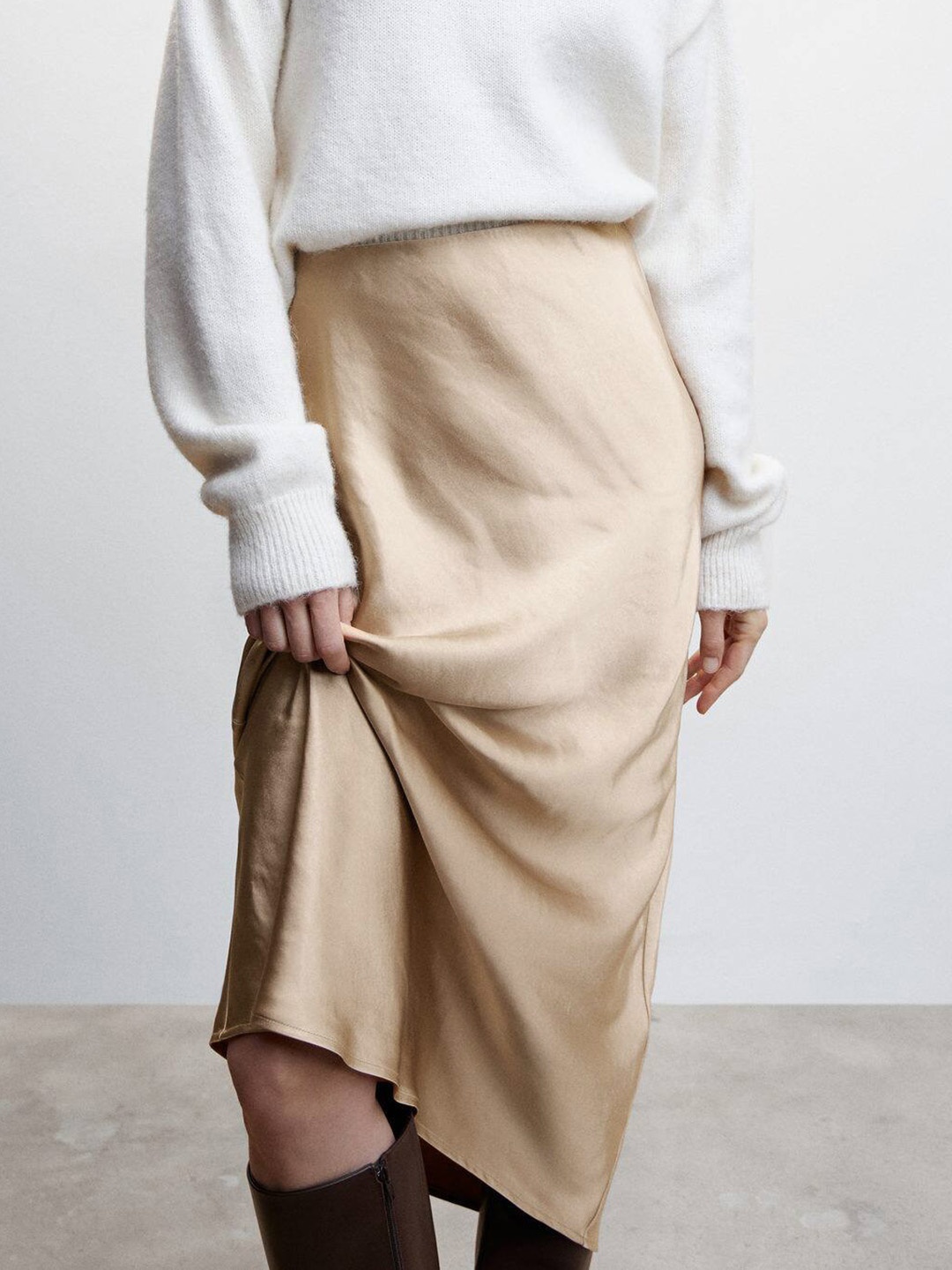 

MANGO Satin Finish Midi Flared Skirt, Beige
