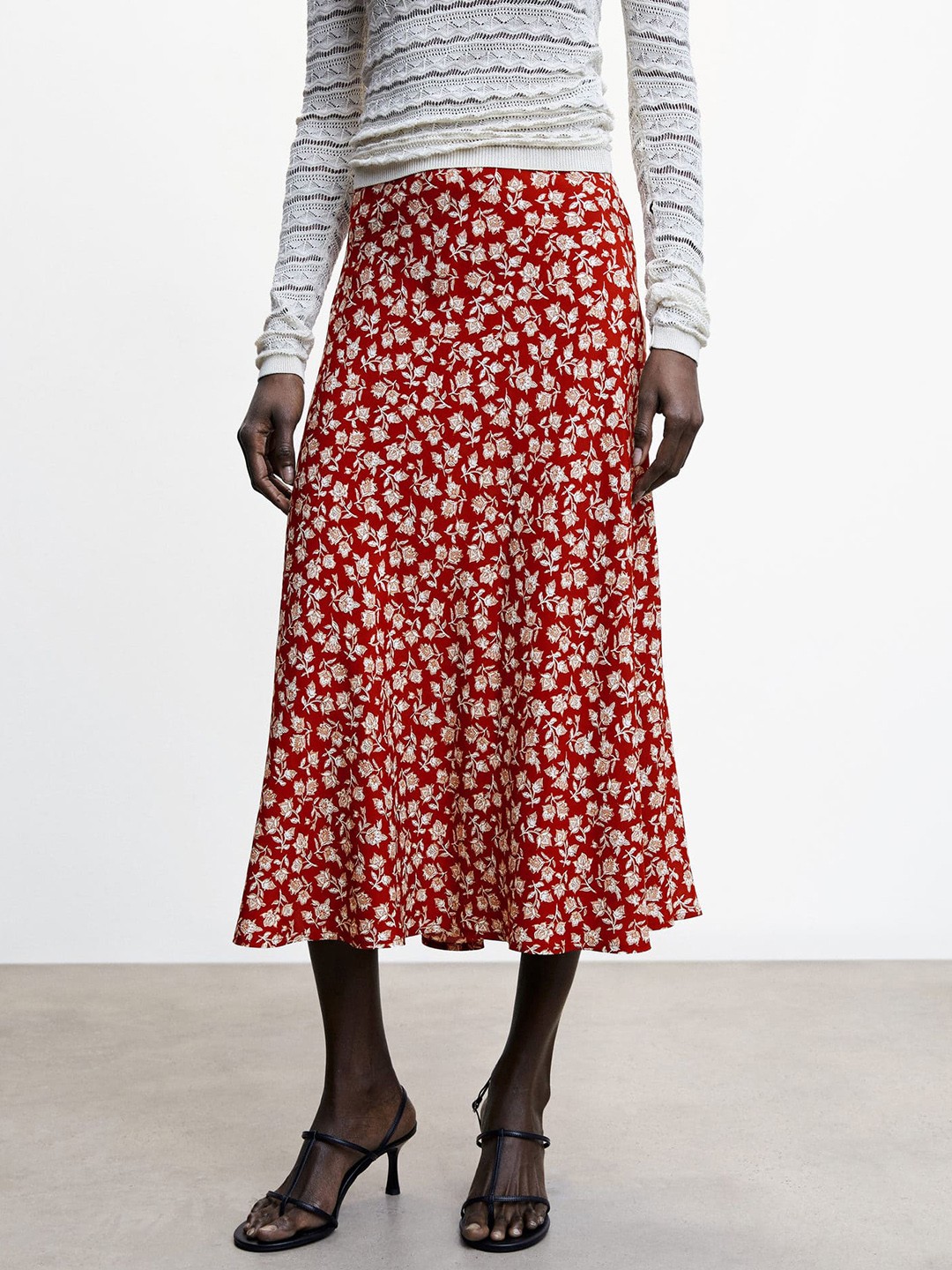 

MANGO Floral Print Flared Midi Skirt, Maroon