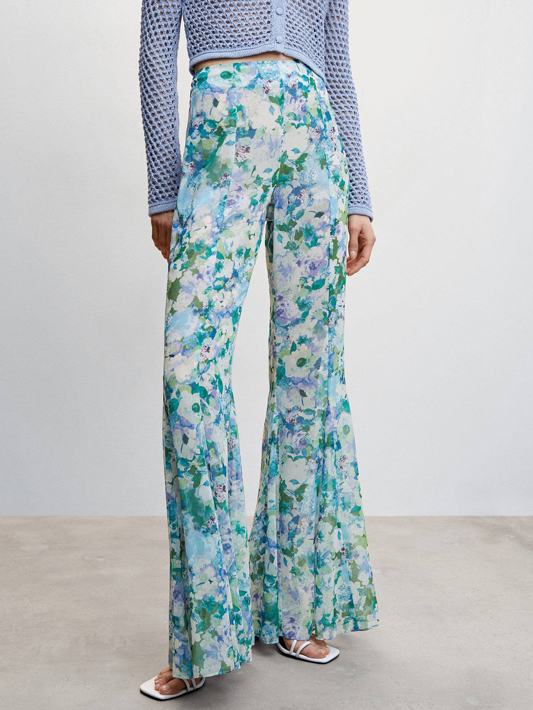 

MANGO Women Floral Printed High-Rise Trousers, Blue