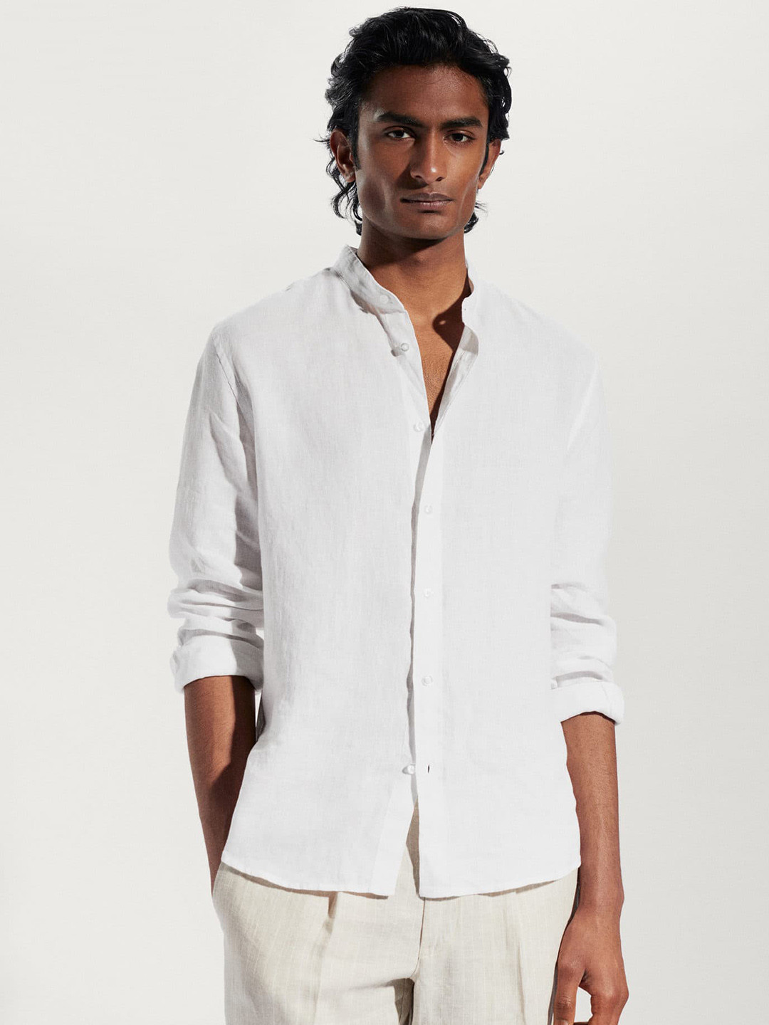 

MANGO MAN Solid Linen Casual Shirt, White