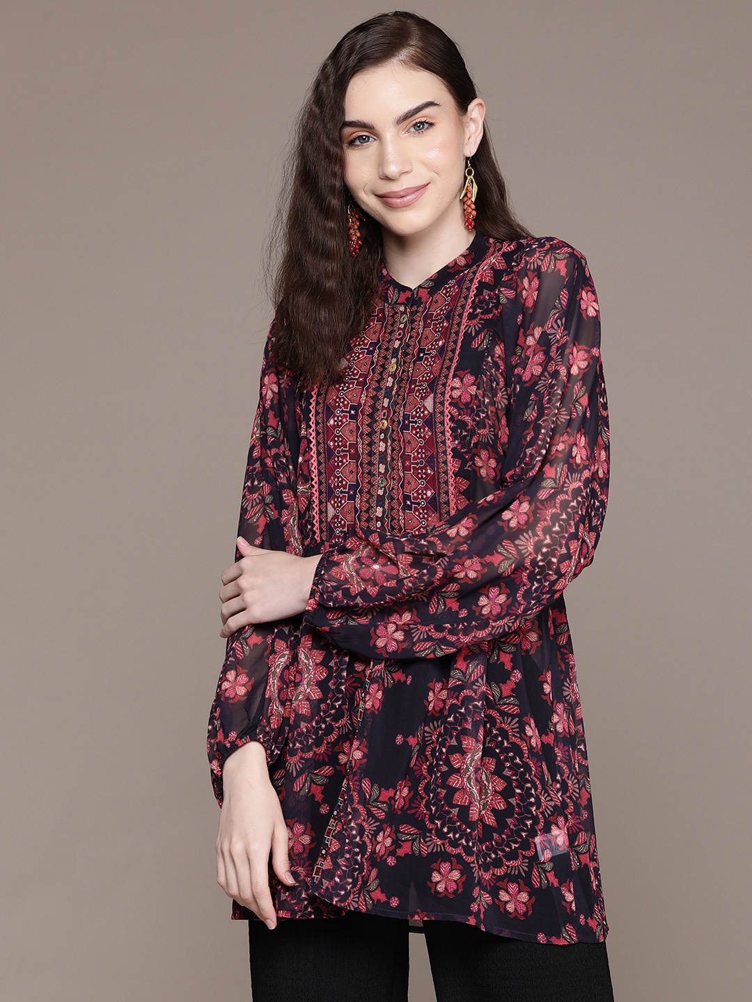 

aarke Ritu Kumar Floral Printed Mandarin Collar Pleated Kurti, Navy blue