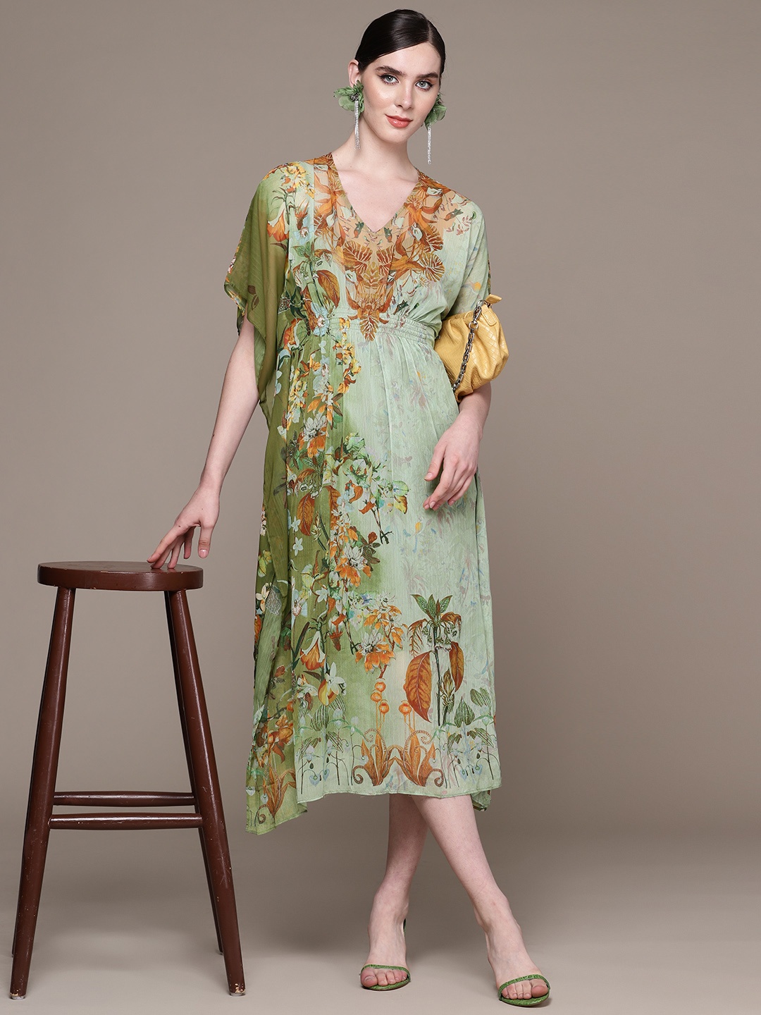 

aarke Ritu Kumar Floral Print Kimono Sleeves Kaftan Midi Dress with Camisole, Green
