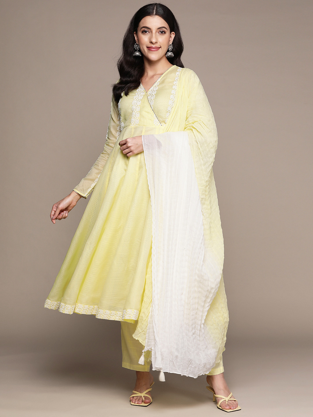 

aarke Ritu Kumar Floral Embroidered Angrakha Thread Work Kurta With Trousers & Dupatta, Yellow