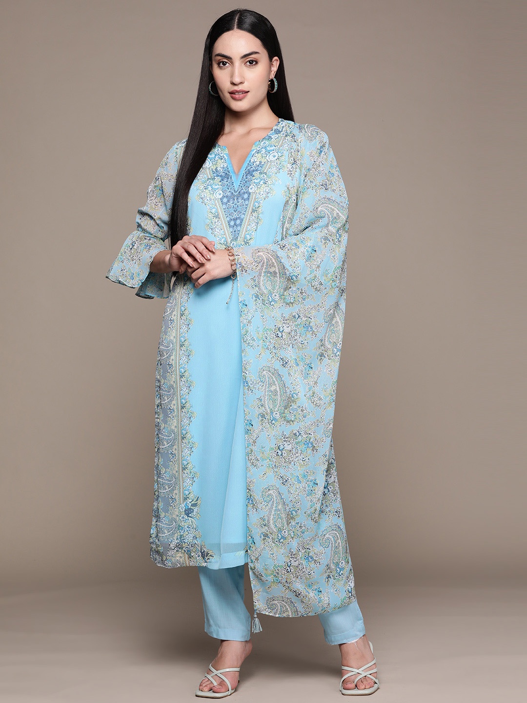 

aarke Ritu Kumar Ethnic Motifs Printed Panelled Kurta With Trousers & Dupatta, Blue